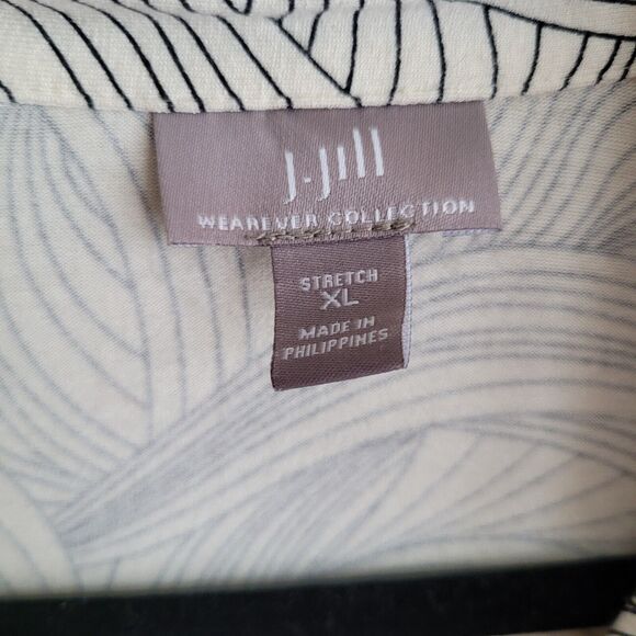 J. Jill Womens Tunic Blouse Size XL Cream Black Leaf Print Drawstring Waist Long - Picture 2 of 10